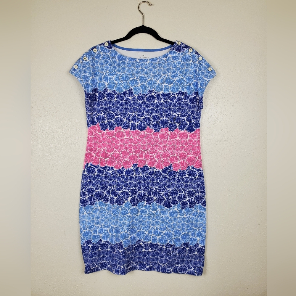 Talbots Seashell Print Button-Shoulder Shift Dress Blue Pink Cotton Size M